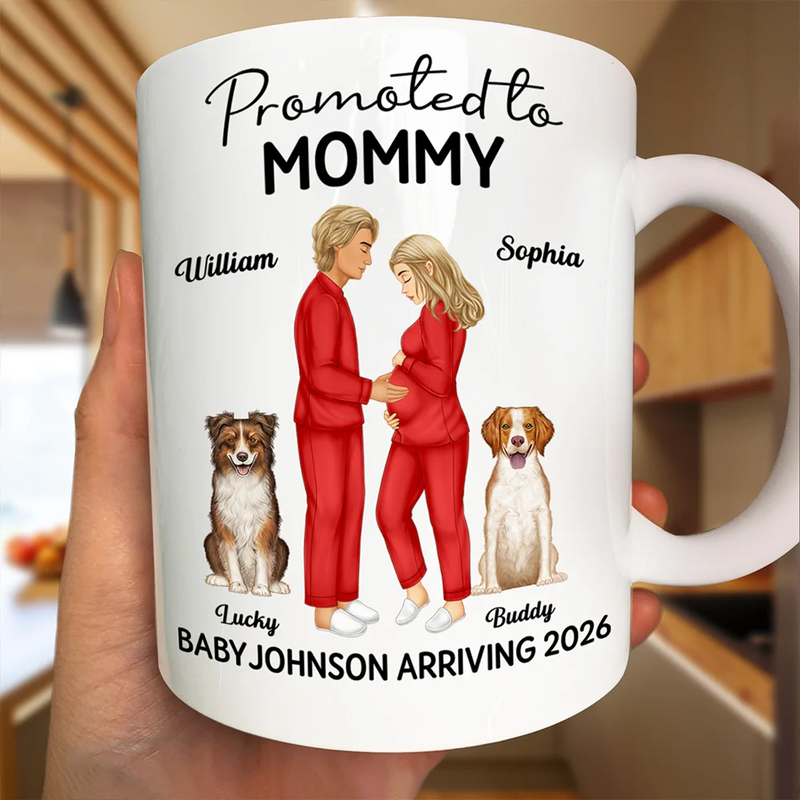 New Dad,New baby,New Mom,Happy - Promoted To Mommy & Daddy Baby Arriving - Personalized White Edge-to-Edge Mug