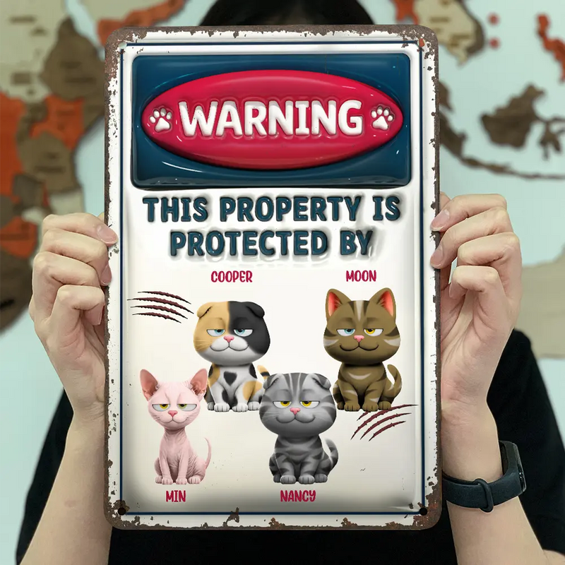 Pet Lovers,Pet Mom,Pet Dad,Cat Lovers,Cat Mom,Cat Dad,Happy - Property Is Protected By Funny Cat - Personalized Classic Metal Signs