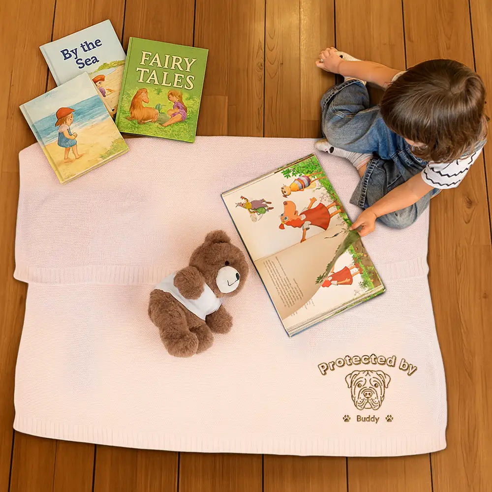 New Dad, New baby, New Mom, Love, Pet Lovers, Dog Lovers - Protected By Dogs - Personalized Embroidered Knitted Baby Blanket