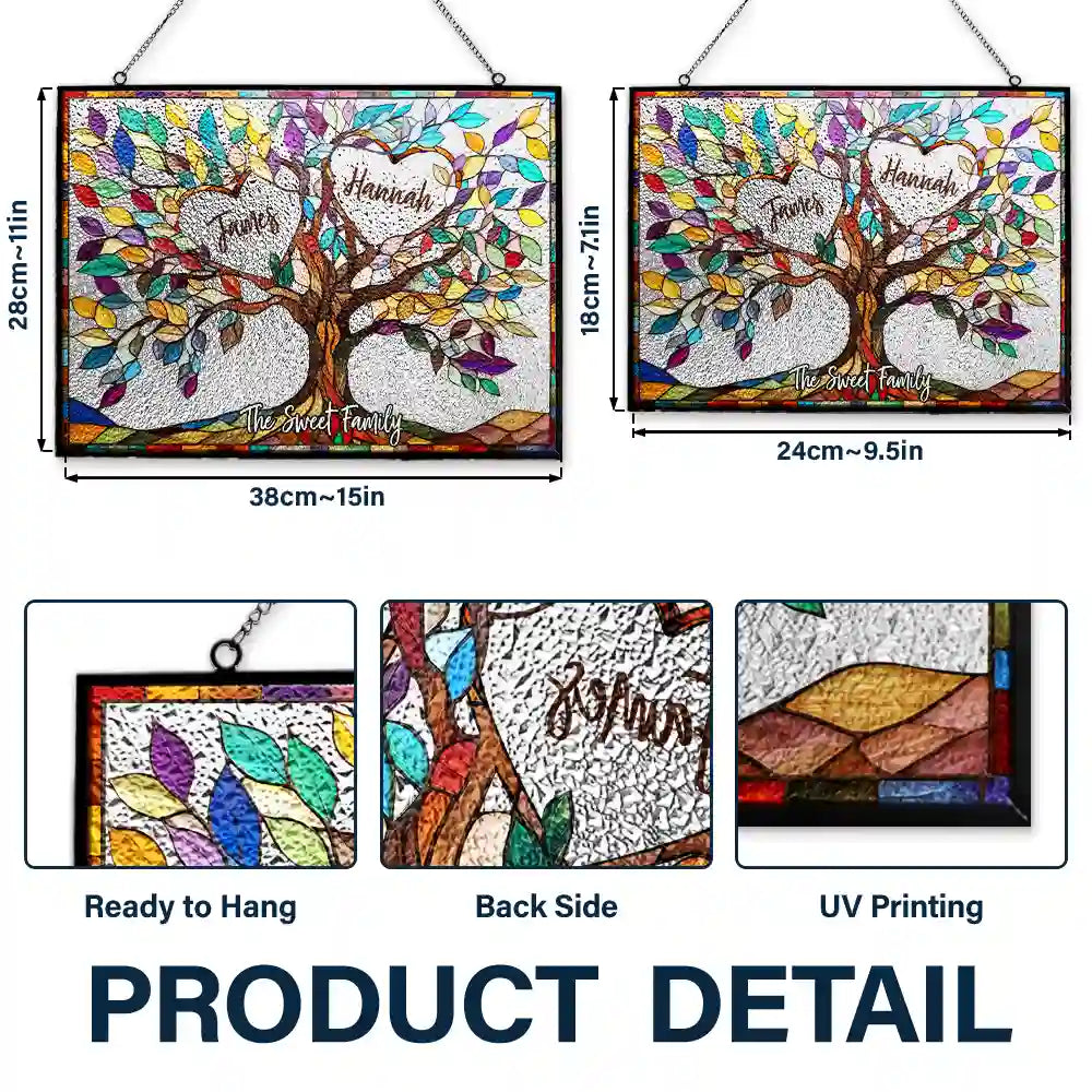 Family,Gift For Mother,Gift For Father,Gift For Grandma,Gift For Grandpa,Grandma - Grandkids,Grandpa - Grandkids,Non-Eng,Icon,Grateful - Family Unbreakable Bond Tree Of Life - Personalized Horizontal Stained Glass Suncatcher