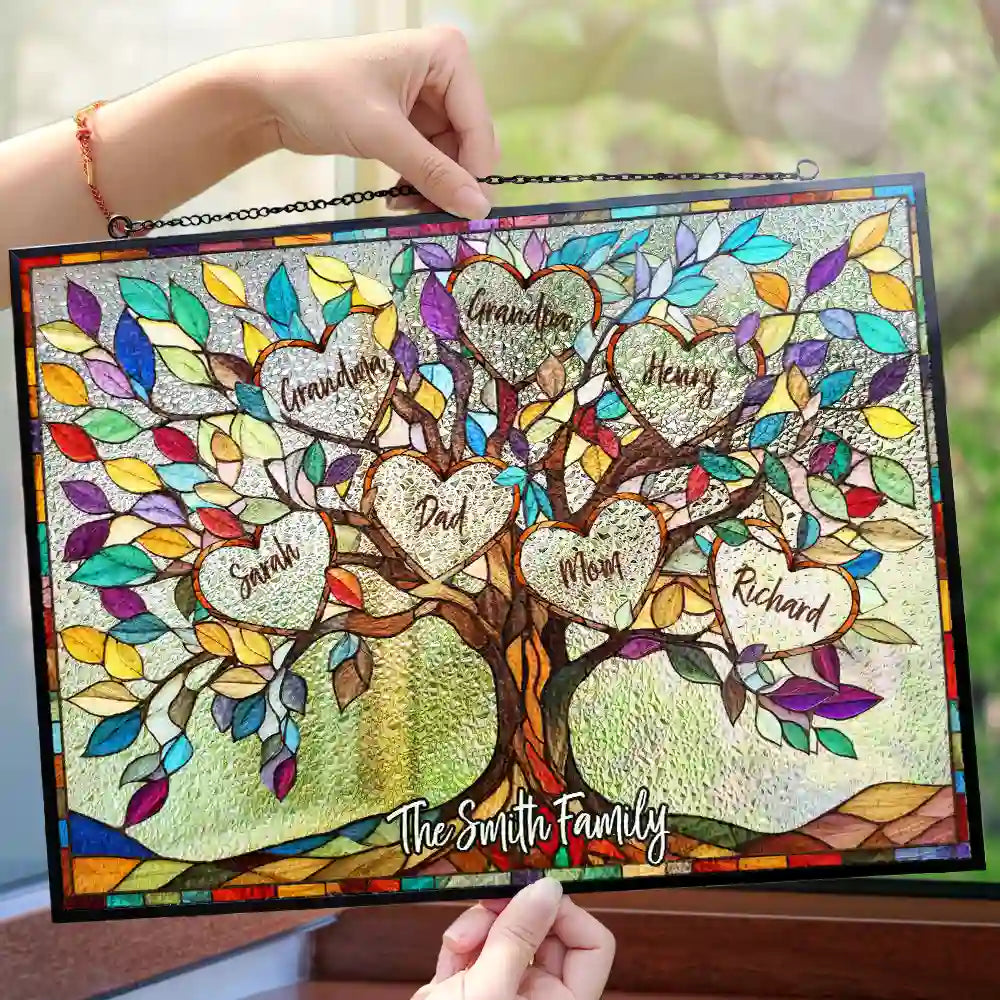 Family,Gift For Mother,Gift For Father,Gift For Grandma,Gift For Grandpa,Grandma - Grandkids,Grandpa - Grandkids,Non-Eng,Icon,Grateful - Family Unbreakable Bond Tree Of Life - Personalized Horizontal Stained Glass Suncatcher