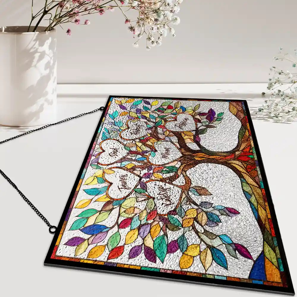 Family,Gift For Mother,Gift For Father,Gift For Grandma,Gift For Grandpa,Grandma - Grandkids,Grandpa - Grandkids,Non-Eng,Icon,Grateful - Family Unbreakable Bond Tree Of Life - Personalized Horizontal Stained Glass Suncatcher