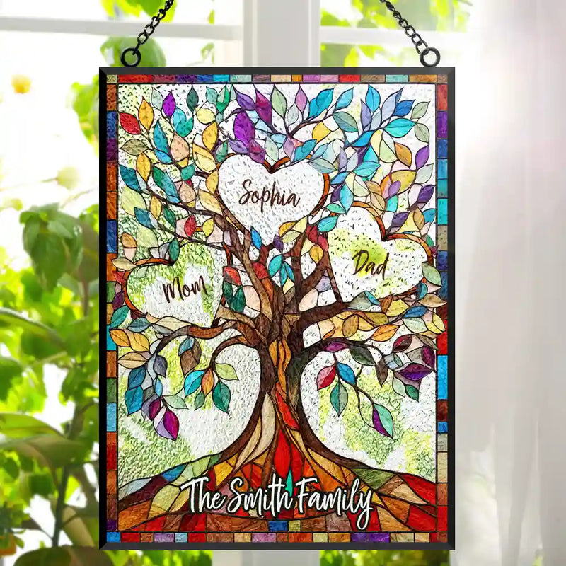 Family,Gift For Mother,Gift For Father,Gift For Grandma,Gift For Grandpa,Grandma - Grandkids,Grandpa - Grandkids,Icon,Grateful - Family Unbreakable Bond Tree Of Life - Personalized Vertical Stained Glass Suncatcher