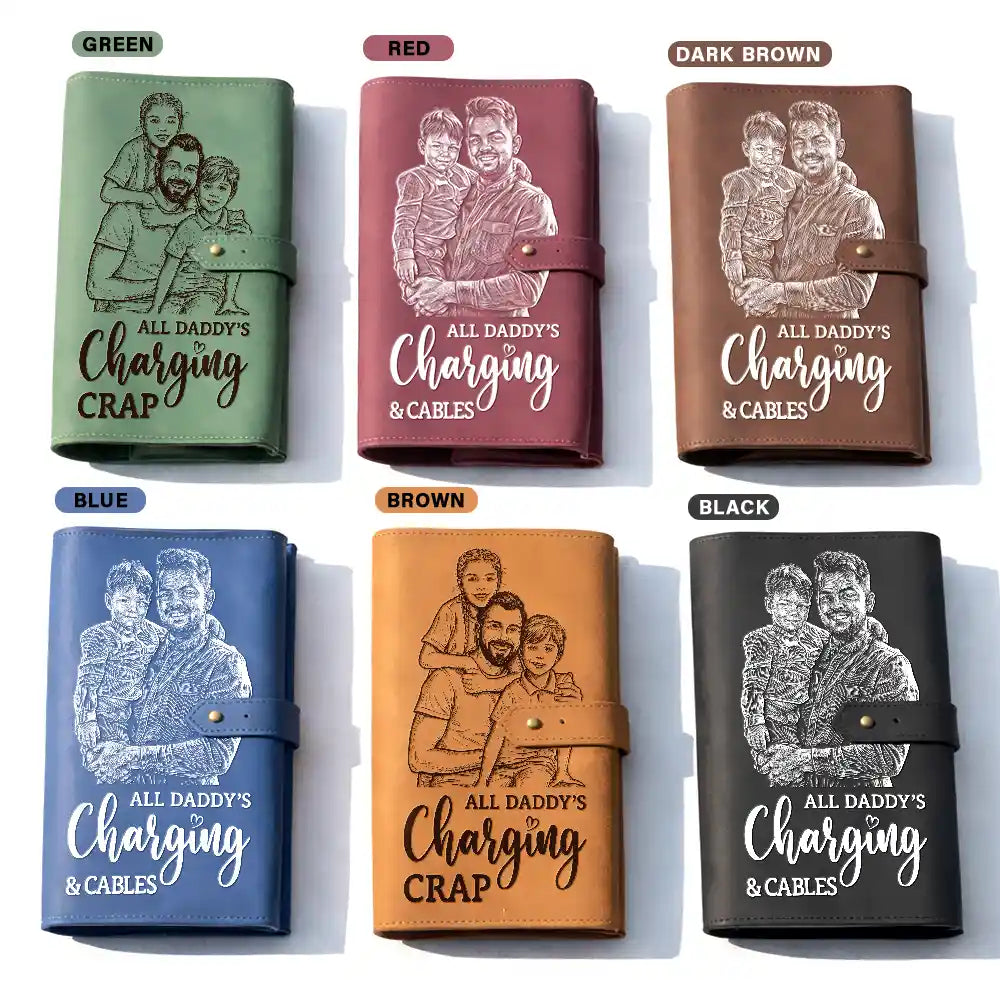 Custom Photo,Gift For Father,Dad - Children,Non-Eng,Photo - Pencil Sketch (Bold),Proud - Custom Photo Bold Sketch All Daddy's Charging Crap - Personalized Leather Cable Bag