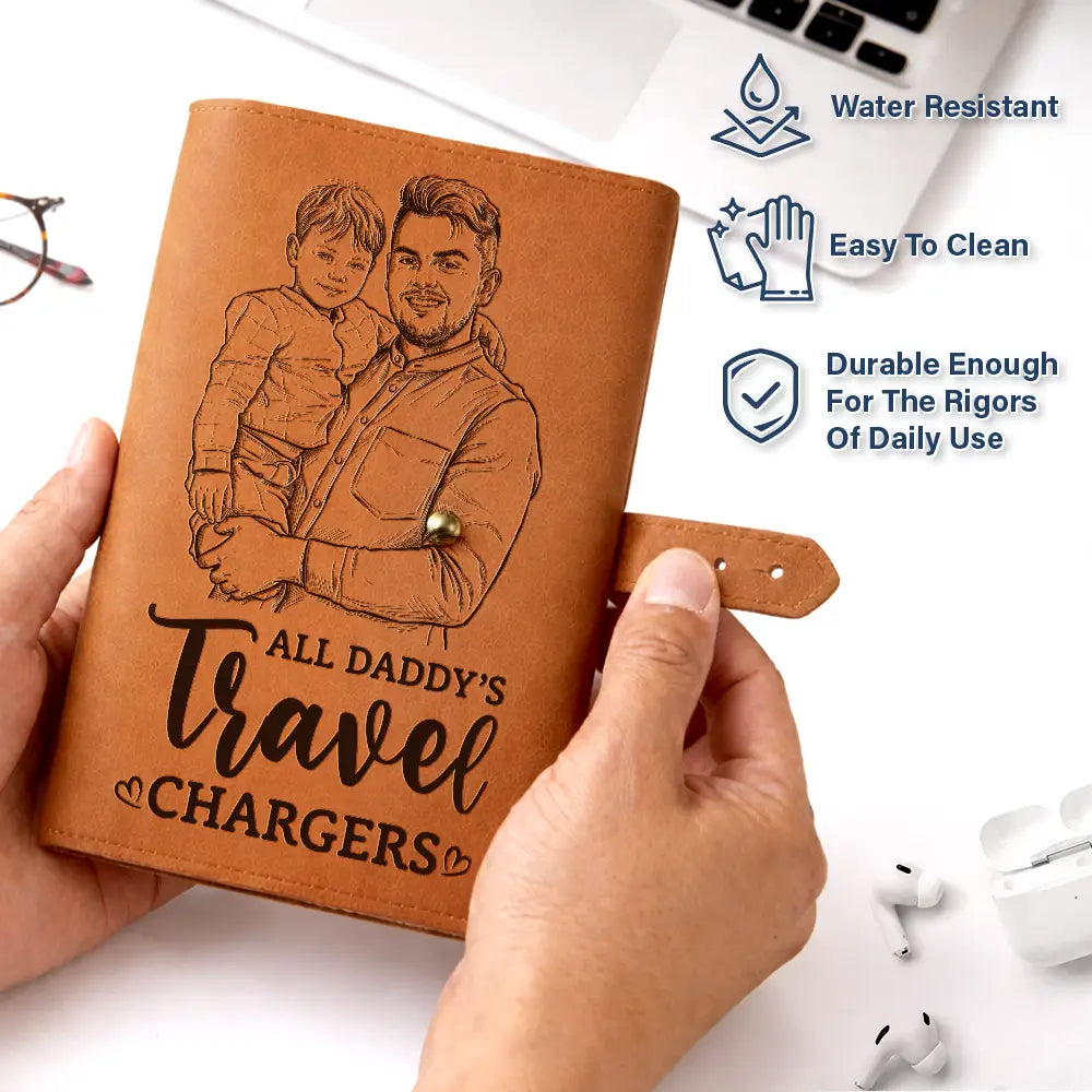 Custom Photo,Gift For Father,Dad - Children,Non-Eng,Photo - Pencil Sketch (Bold),Proud - Custom Photo Bold Sketch All Daddy's Charging Crap - Personalized Leather Cable Bag