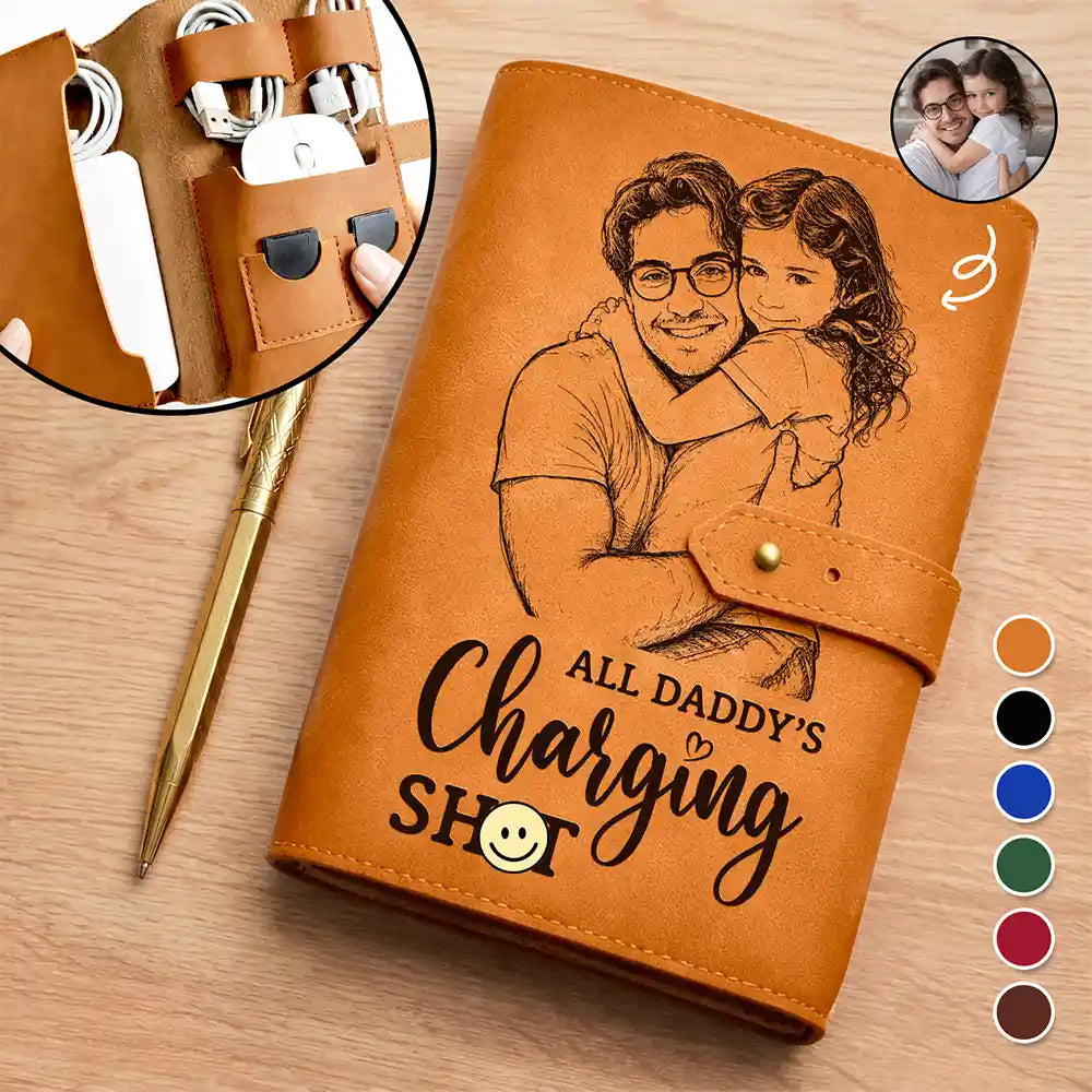 Custom Photo,Gift For Father,Dad - Children,Non-Eng,Photo - Pencil Sketch (Bold),Proud - Custom Photo Bold Sketch All Daddy's Charging Crap - Personalized Leather Cable Bag