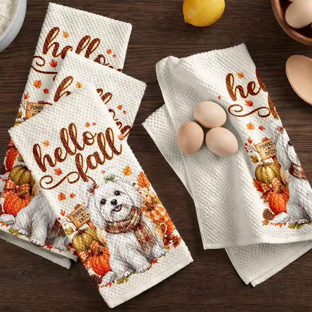 Adorable,Art Design,Pet Lovers,Photo - Autumn Theme Pet - Custom Photo Watercolor Pet With Autumn Accessories Hello Fall Dog Cat Portrait - Personalized Kitchen Towel