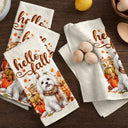 Adorable,Art Design,Pet Lovers,Photo - Autumn Theme Pet - Custom Photo Watercolor Pet With Autumn Accessories Hello Fall Dog Cat Portrait - Personalized Kitchen Towel