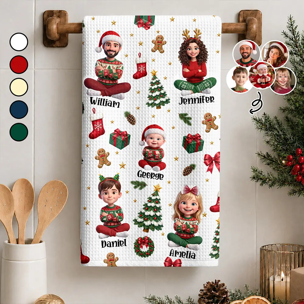 Christmas Kitchen Decor Gift For Mom Grandma - Personalized Custom Photo Cartoon Family Kitchen Towel