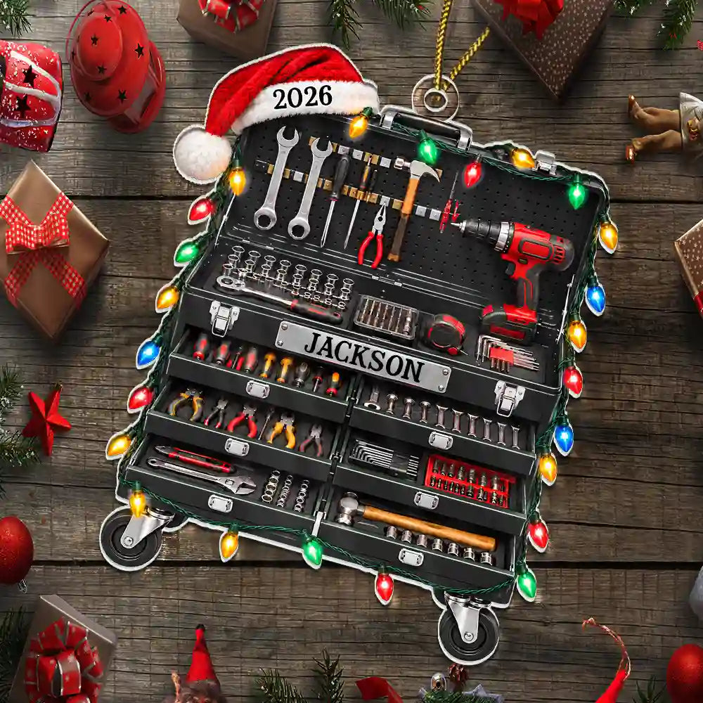 Christmas,Custom Text,Garage,Gift For Men,Gift For Yourself,Gifts For Him,Happy,Semi-Outdoor,Top Market - Christmas Gift For Mechanic Husband Dad - Personalized Tool Box Acrylic Ornament