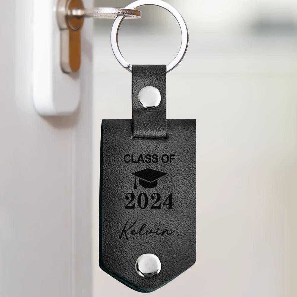 Custom Photo And So The Adventure Begins - Graduation Gift - Personalized Leather Photo Keychain