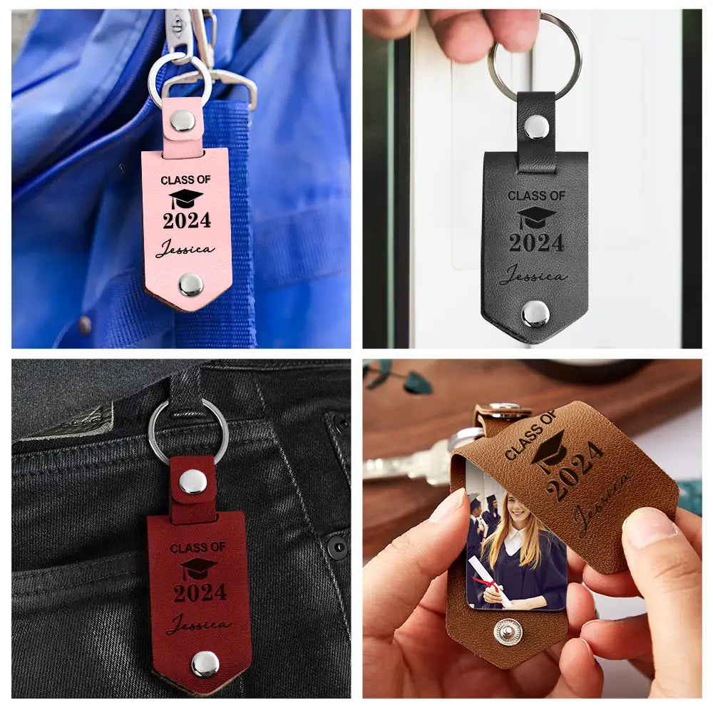 Custom Photo And So The Adventure Begins - Graduation Gift - Personalized Leather Photo Keychain