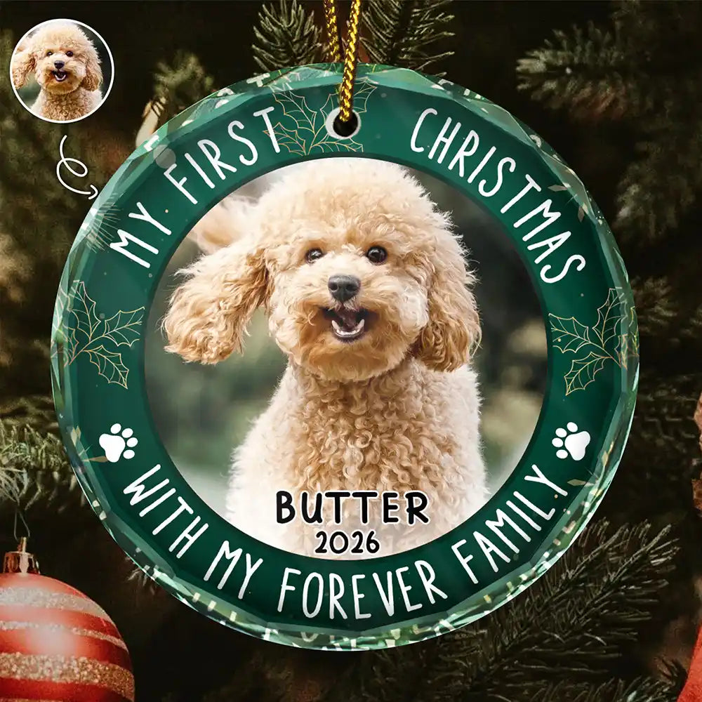 Custom Photo First Christmas Pet Lovers - Personalized Circle Glass Ornament