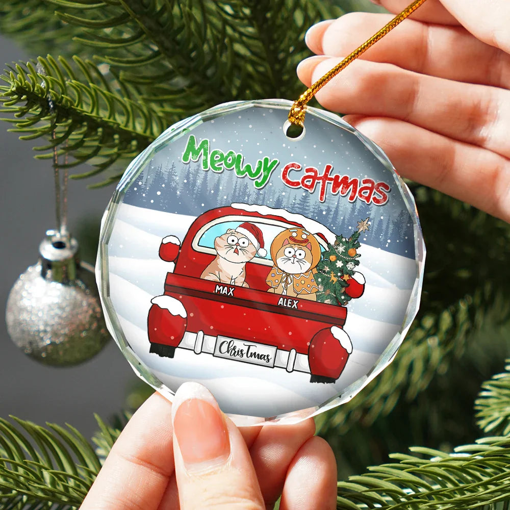Meowy Catmas Christmas - Personalized Circle Glass Ornament