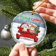 Meowy Catmas Christmas - Personalized Circle Glass Ornament