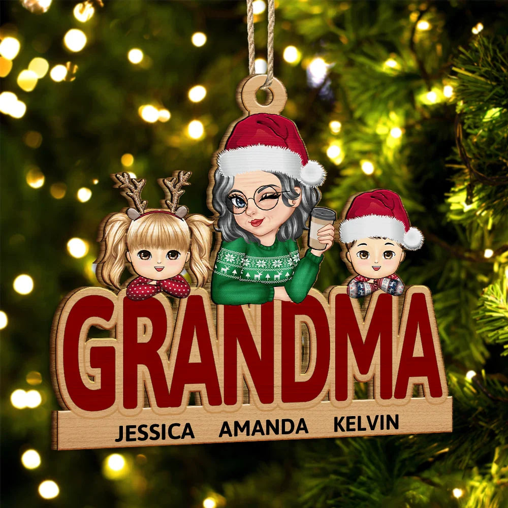 Grandma & Grandkids Christmas - Personalized Wooden Cutout Ornament