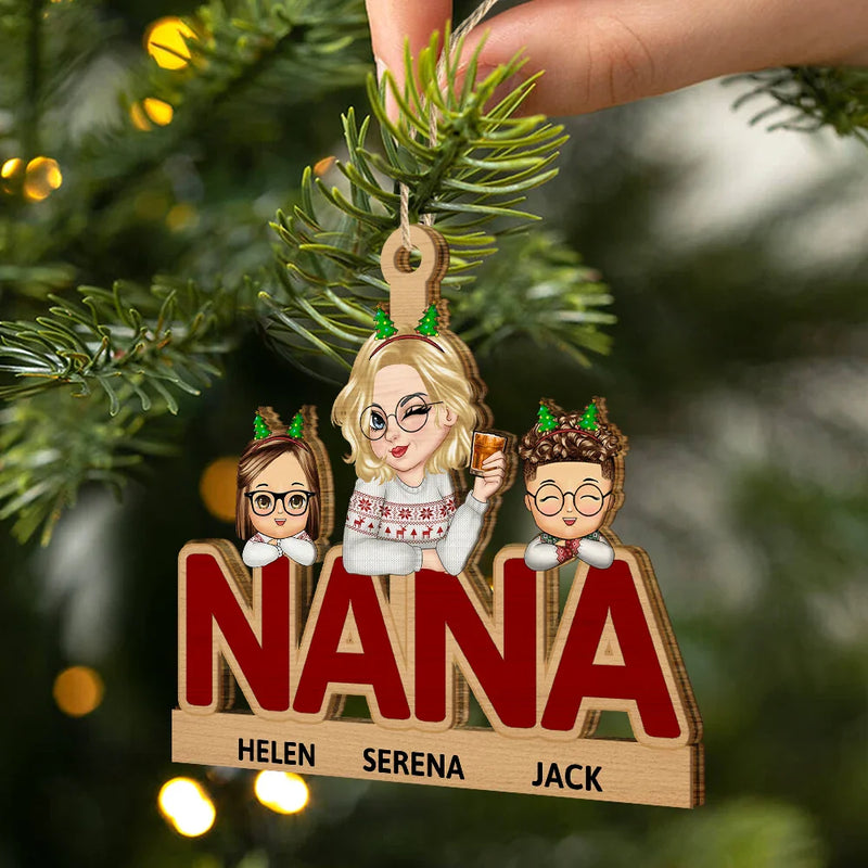 Grandma & Grandkids Christmas - Personalized Wooden Cutout Ornament