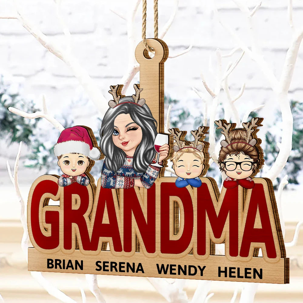 Grandma & Grandkids Christmas - Personalized Wooden Cutout Ornament