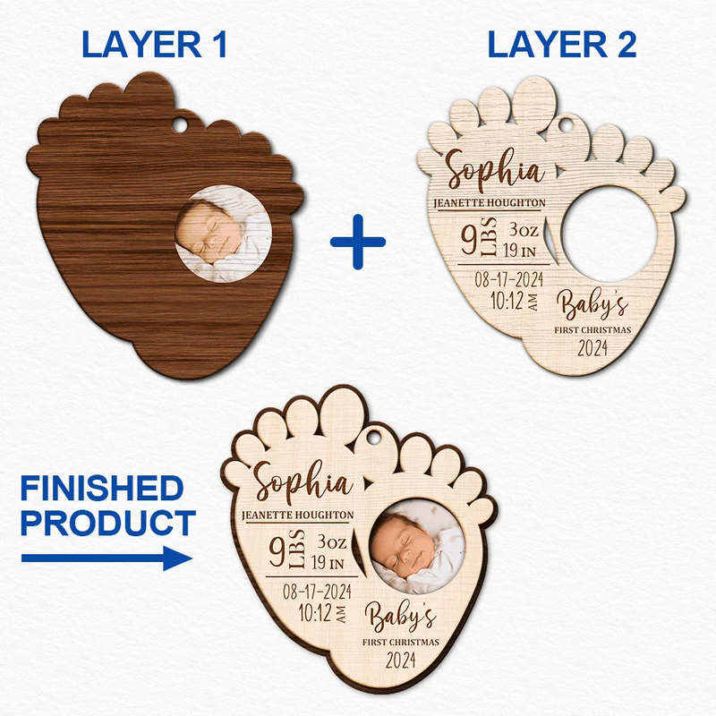 Gift For Kids - Custom Photo Baby's First Christmas - Personalized 2-Layered Wooden Ornament