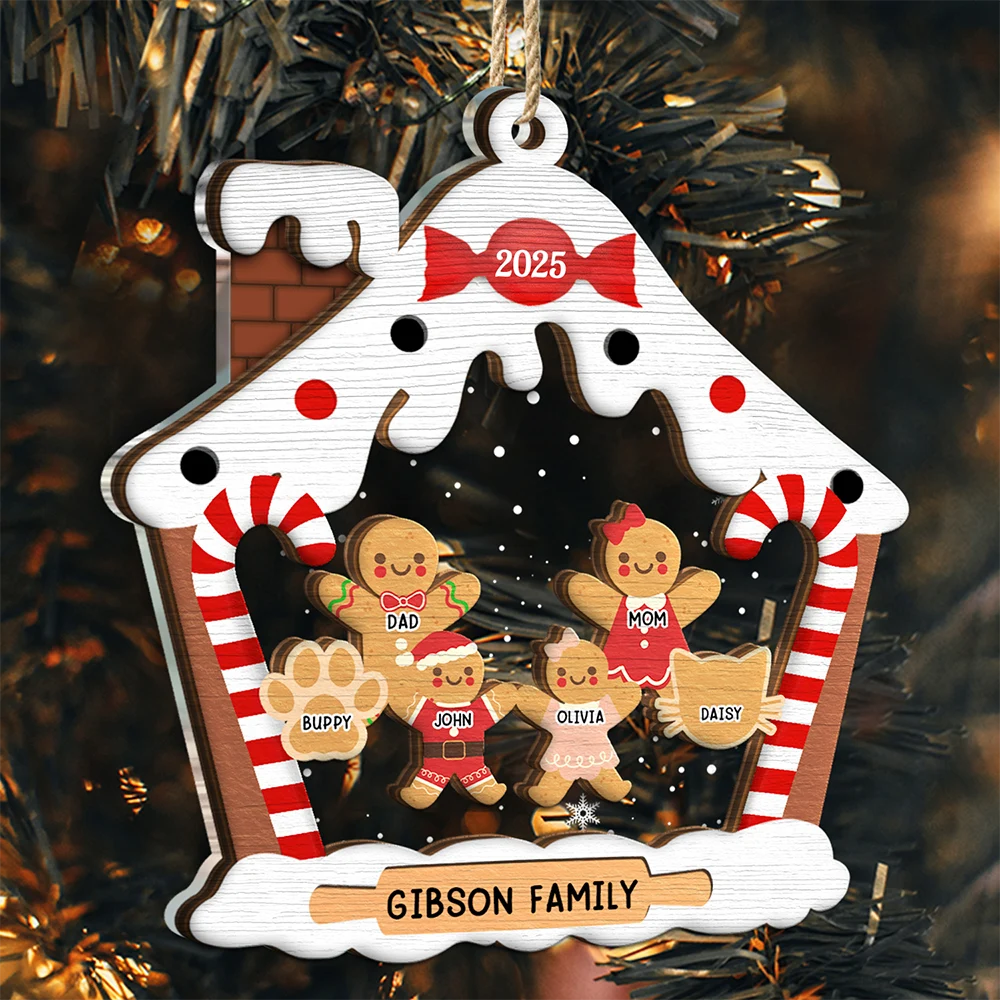 Gingerbread House Family With Pets Christmas - Personalized 2-Layered Mix Ornament