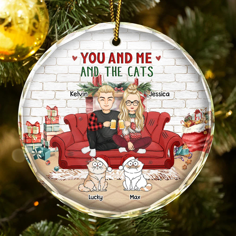 You And Me And The Cats Couple Christmas - Personalized Glass Ornament