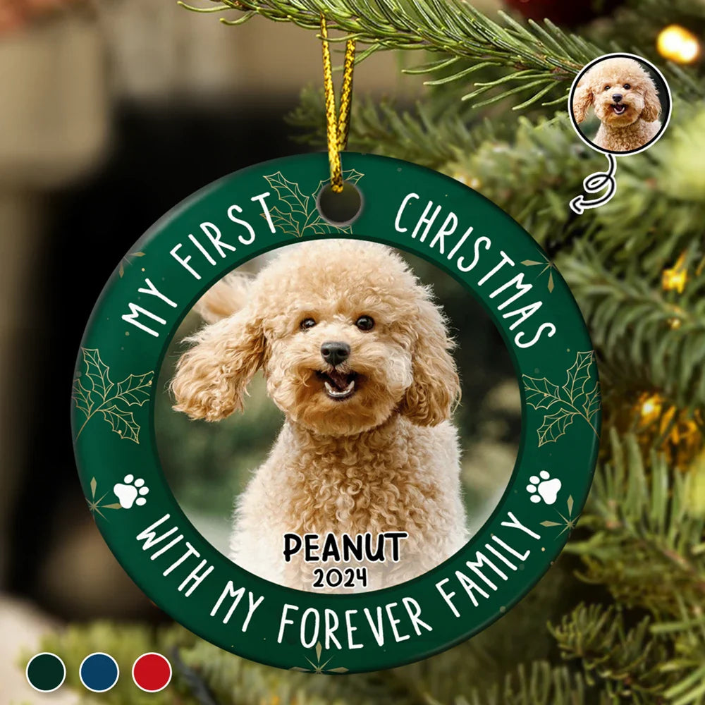 Custom Photo First Christmas Pet Lovers - Personalized Circle Ceramic Ornament