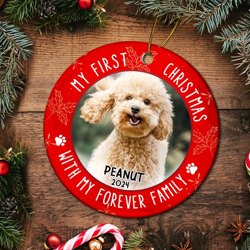 Pet Lovers - Custom Photo First Christmas Pet Lovers - Personalized Circle Ceramic Ornament