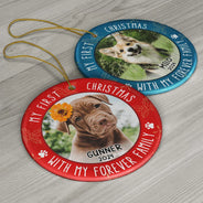 Pet Lovers - Custom Photo First Christmas Pet Lovers - Personalized Circle Ceramic Ornament