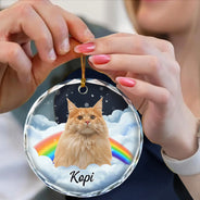 Memorial, Pet Lovers - Custom Photo Pet Face Rainbow Bridge - Personalized Circle Glass Ornament