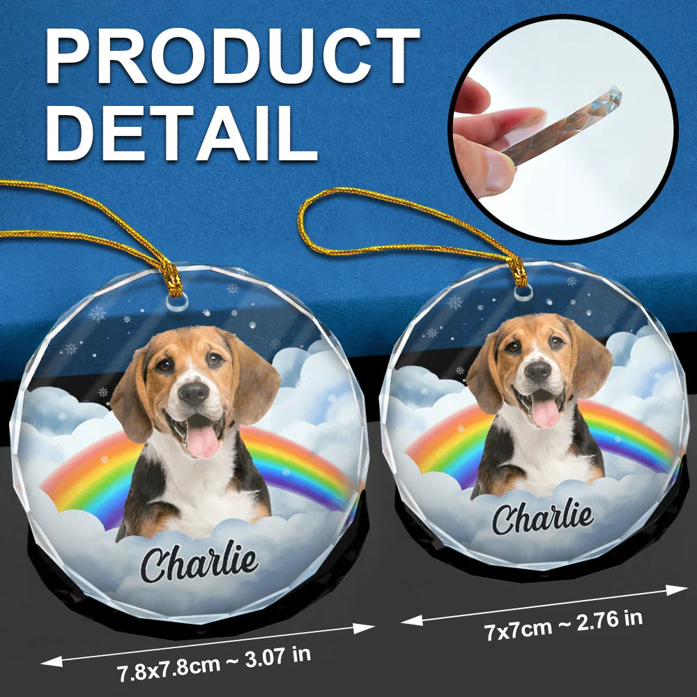 Memorial, Pet Lovers - Custom Photo Pet Face Rainbow Bridge - Personalized Circle Glass Ornament