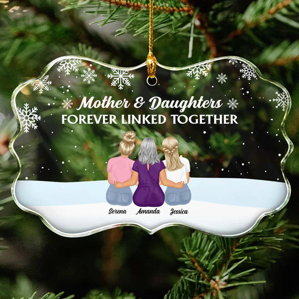 Christmas,Gift For Mother,Gift For Daughter,Happy - Forever Linked Together Mother Daughters - Personalized Medallion Glass Ornament