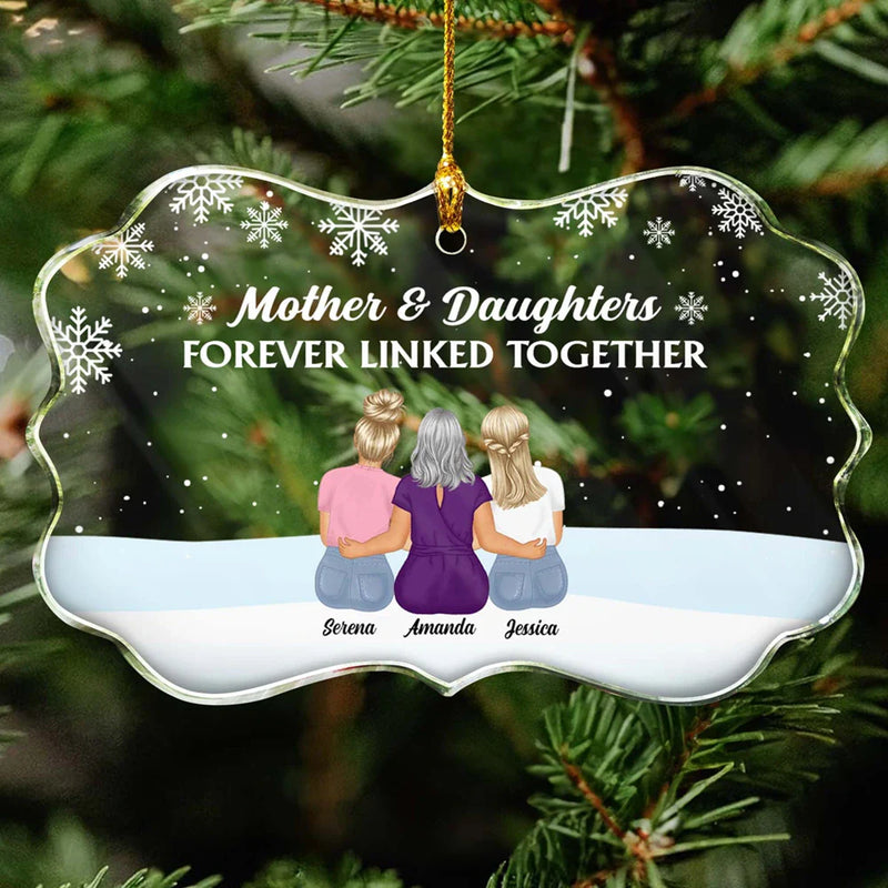 Christmas,Gift For Mother,Gift For Daughter,Happy - Forever Linked Together Mother Daughters - Personalized Medallion Glass Ornament
