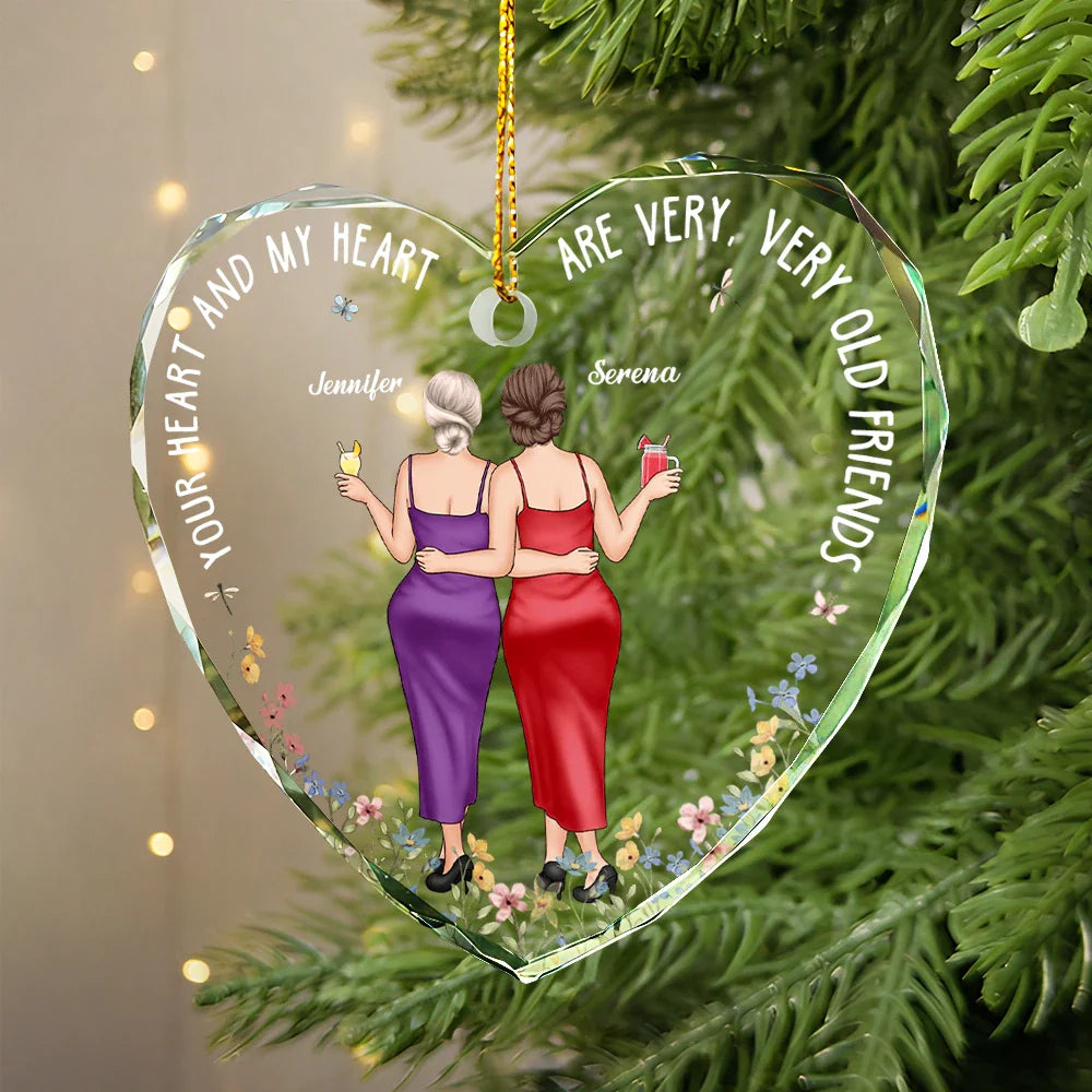 Gift For Bestie - Your Heart And My Heart Are Very Old Friends - Personalized Heart Shaped Glass Ornament