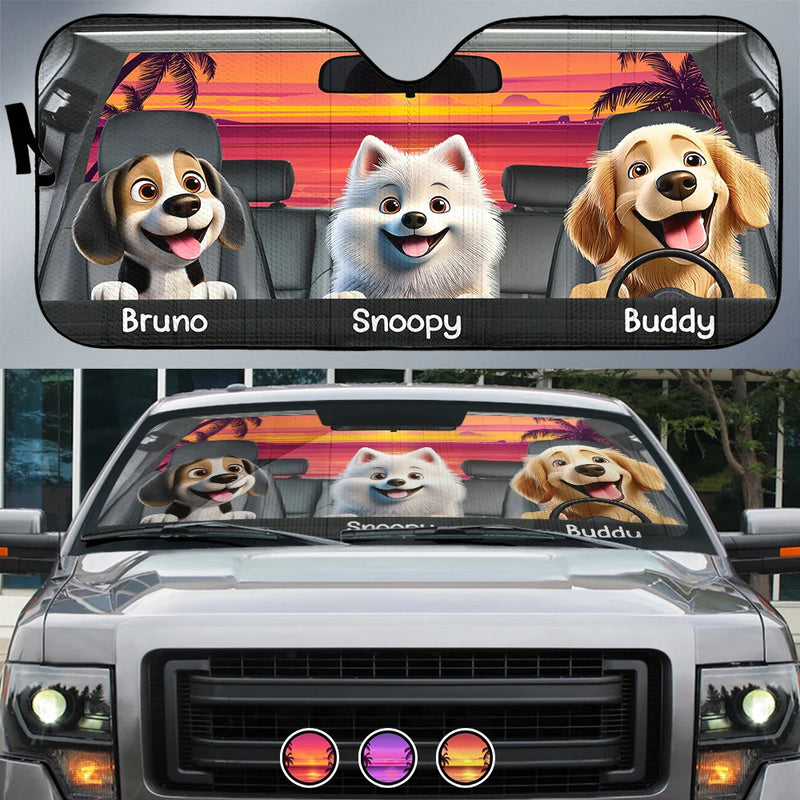Dog Lovers, Dog Mom, Pet Lovers - Dog's Trip 3D Cartoon Effect - Personalized Auto Sunshade