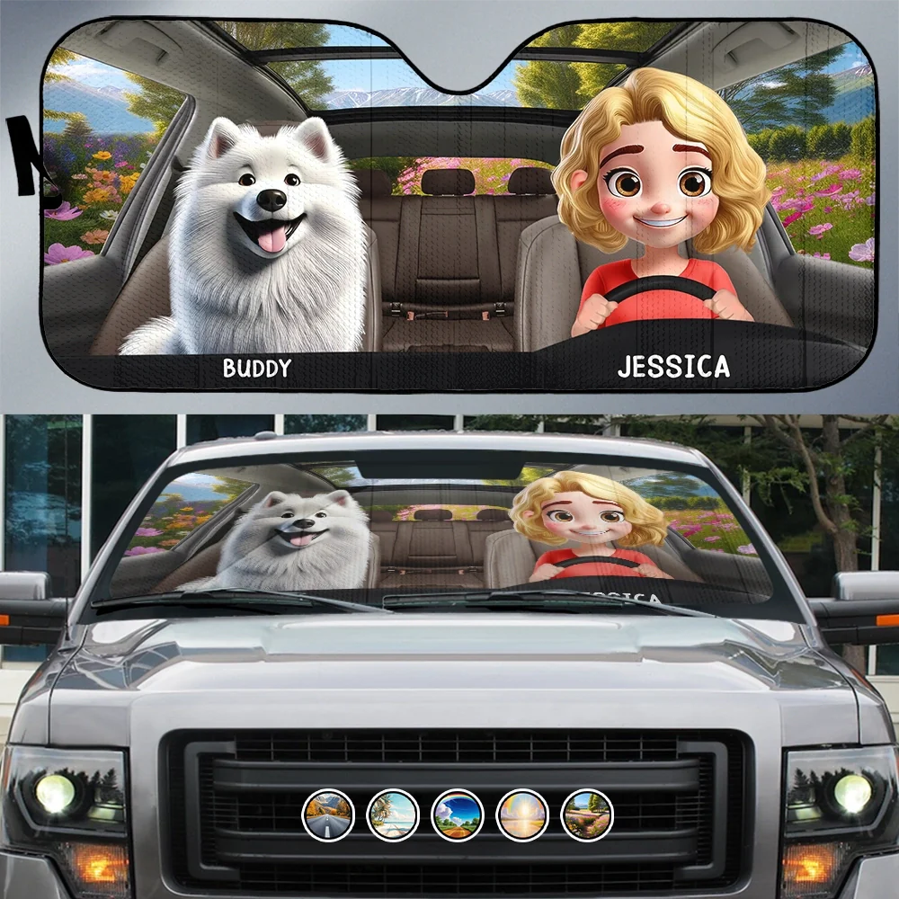 Woman Man Dog 3D Effect - Personalized Auto Sunshade