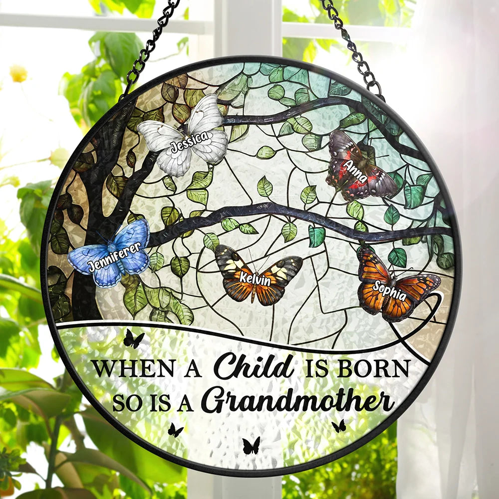 Gift For Grandma,Love - When A Child Is Born - Personalized Stained Glass Window Hanging Suncatcher