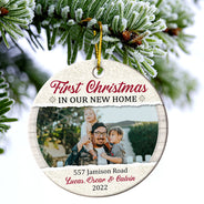 Custom Photo First Christmas In Our New Home - Christmas Gift For Family - Personalized Custom Circle Ceramic Ornament