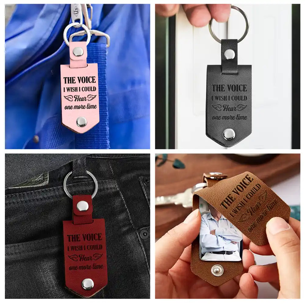 Memorial, Family, Parents, Gift For Grandparents, Sad, Custom Photo - Custom Photo QR Code Memorial The Voice I Wish I Could Hear - Personalized Leather Photo Keychain