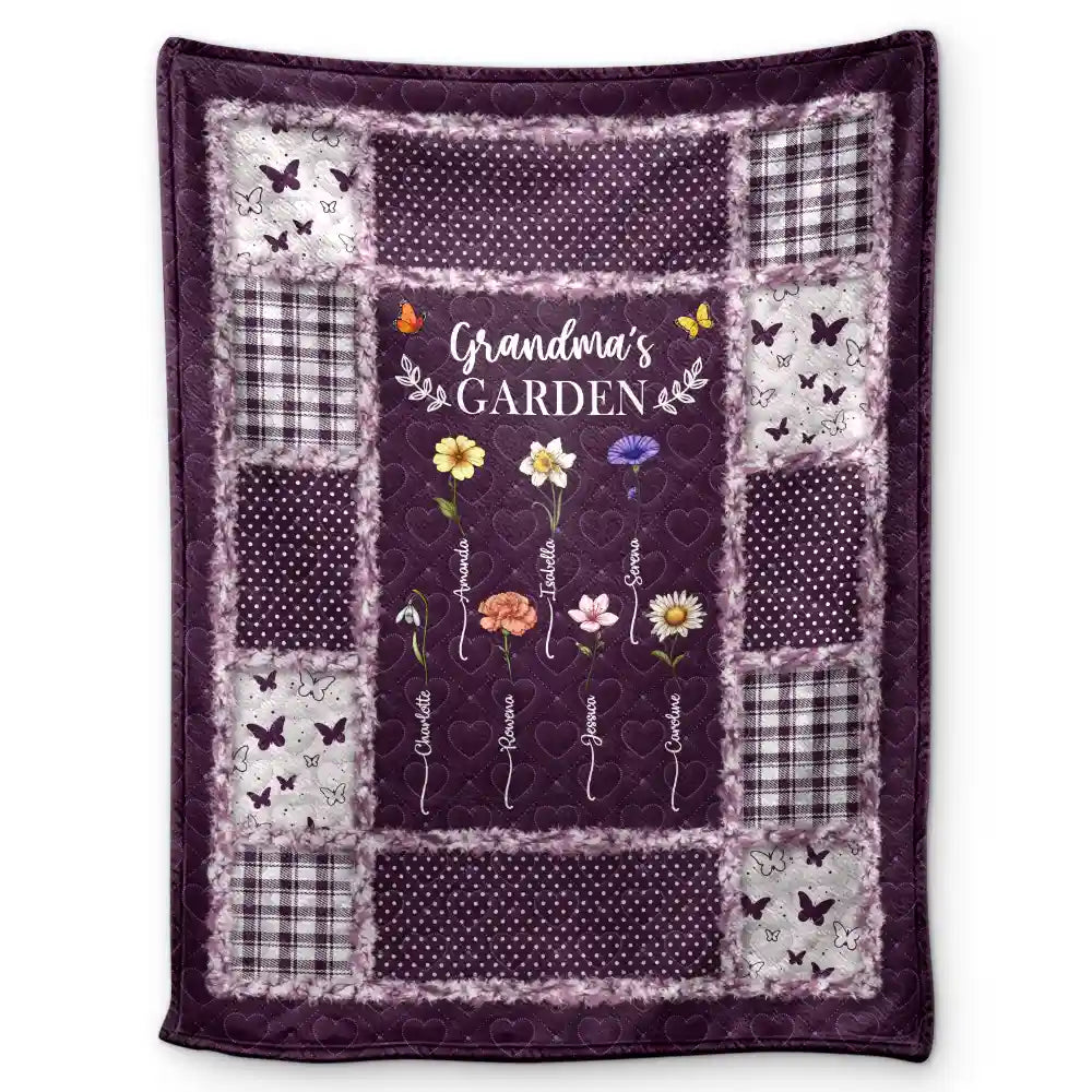 Gift For Mother,Gift For Grandma,Love,Gift For Women - Quilt Pattern Birth Month Flower Grandmas Garden - Personalized Fleece Blanket, Sherpa Blanket