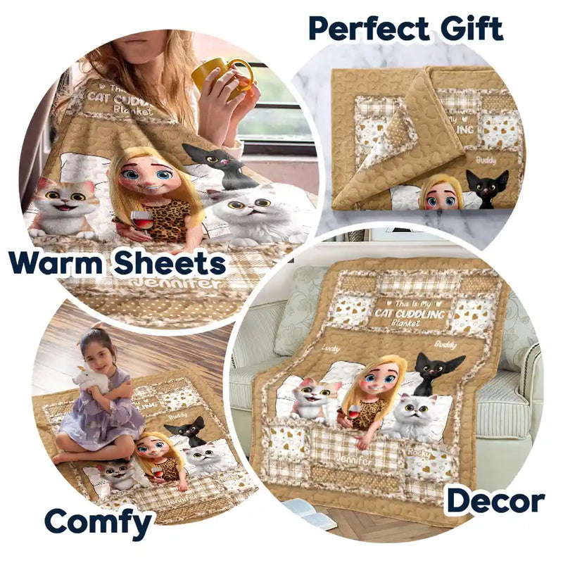 Gift For Women,Gift For Men,Pet Lovers,Pet Mom,Pet Dad,Cat Lovers,Cat Mom,Cat Dad,Happy - Quilt Pattern My Cat Cuddling Blanket - Personalized Fleece Blanket, Sherpa Blanket