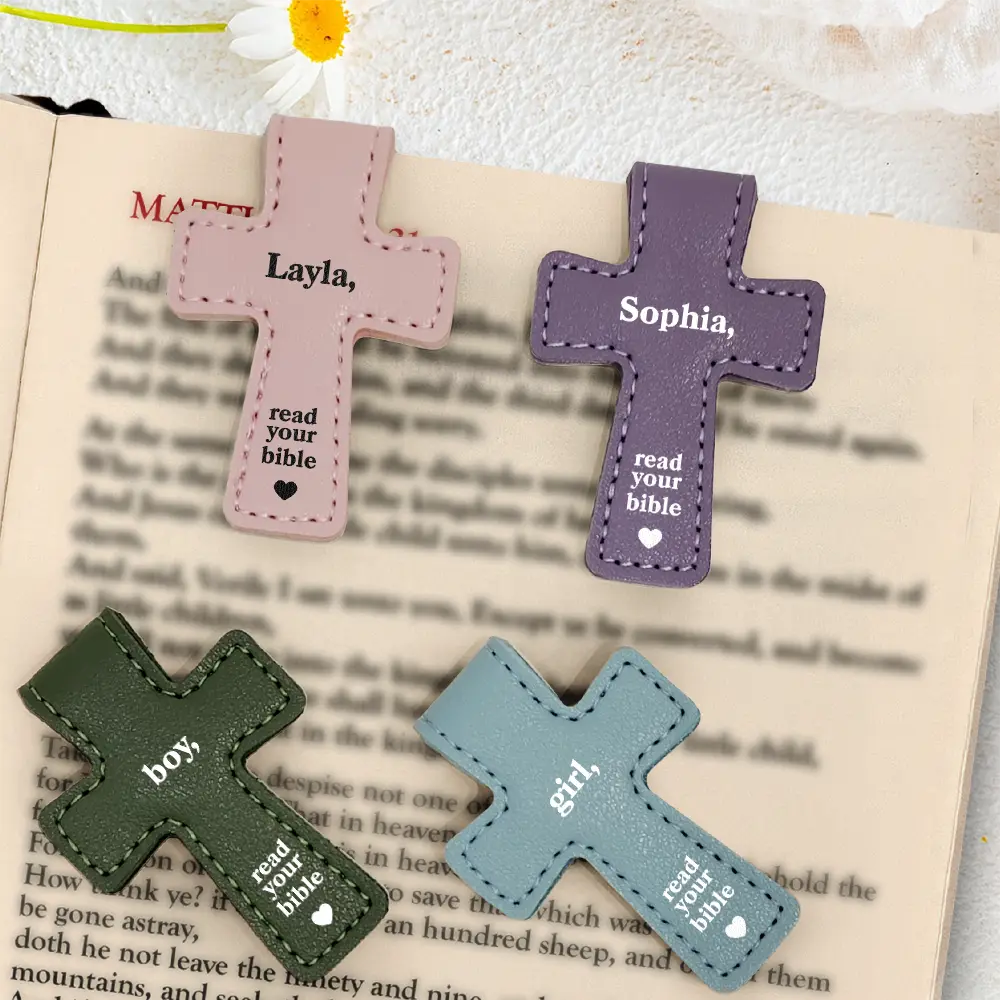 Read Your Bible - Personalized Cross Leather Magnetic Bookmark