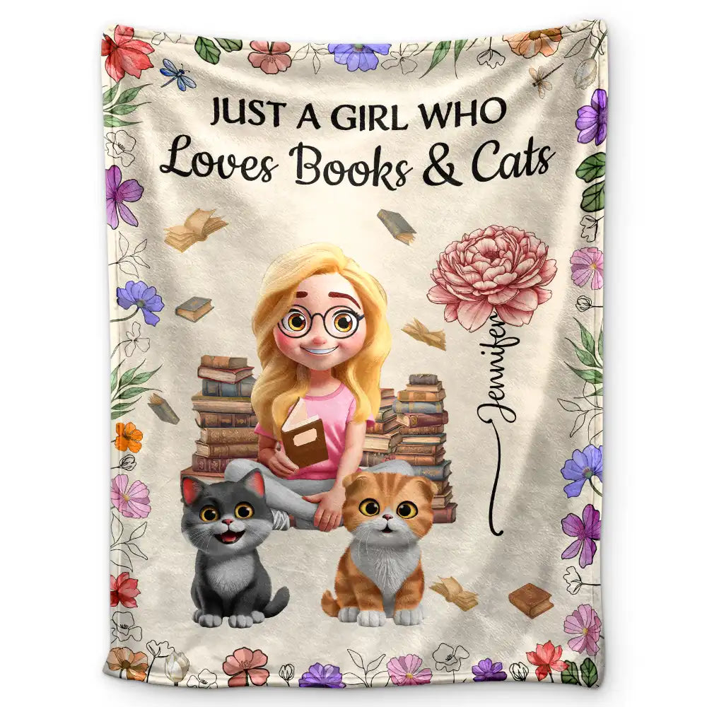 Reading, Pet Lovers, Cat Lovers, Happy - Reading Girl Who Loves Books & Pets Birth Month Flower - Personalized Fleece Blanket, Sherpa Blanket