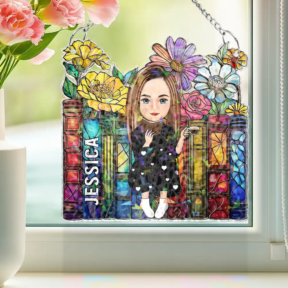 Happy, Reading, Gift For Yourself, Gift For Women, Gift For Men - Reading Girl With Books - Personalized Window Corner Suncatcher