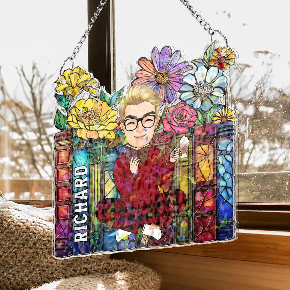 Happy, Reading, Gift For Yourself, Gift For Women, Gift For Men - Reading Girl With Books - Personalized Window Corner Suncatcher