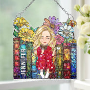 Happy, Reading, Gift For Yourself, Gift For Women, Gift For Men - Reading Girl With Books - Personalized Window Corner Suncatcher