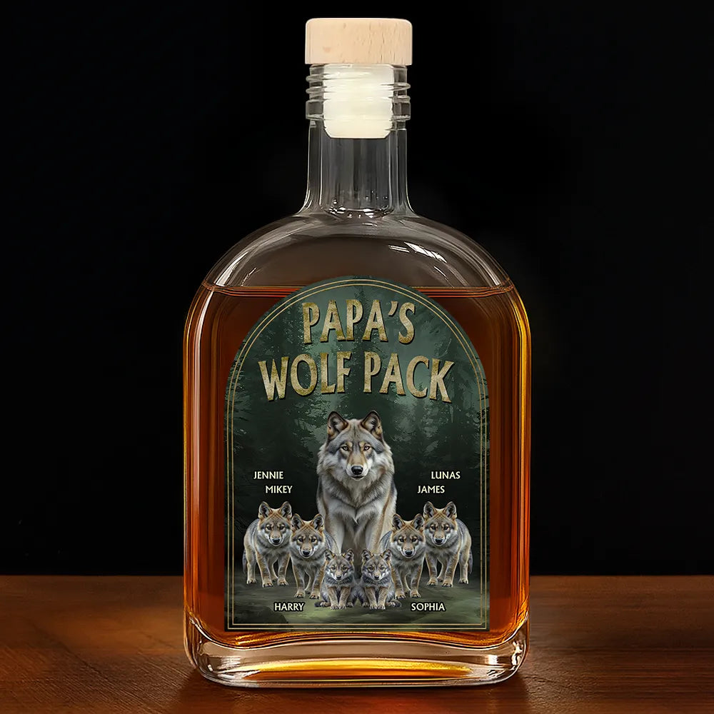 Dad - Children,Gift For Grandpa,Gift For Father,Happy - Realistic Art Papa Dad Wolf Pack - Personalized Whiskey Bottle