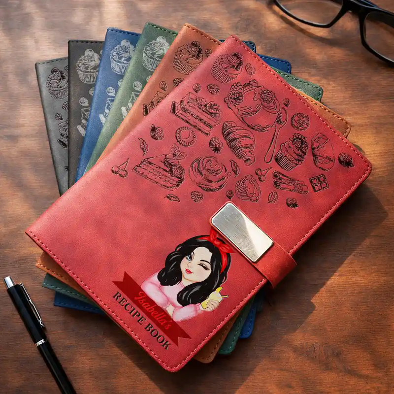 Gift For Wife,Gift For Girlfriend,Gift For Yourself,Gift For Women,Gift For Mother,Gift For Grandma,Mom's Hobby,Grandma's Hobby,Happy,Cooking,Baking  - Recipe Book - Personalized Leather Notebook Set