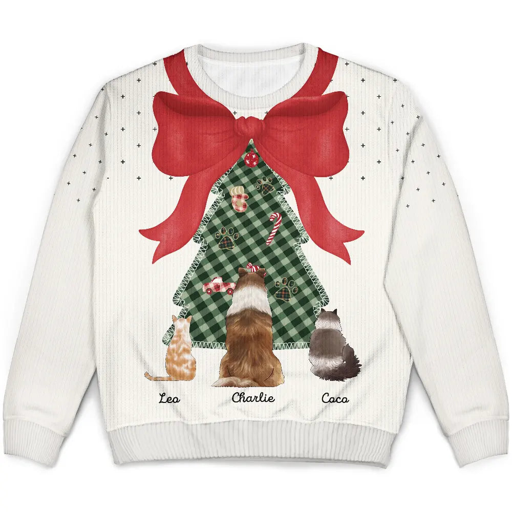 Red Bow Christmas Tree For Dog Cat Lovers - Personalized Unisex Ugly Sweater