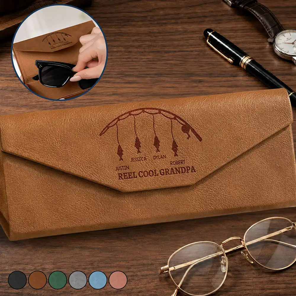 Happy,Gift For Men,Gift For Father,Gift For Grandpa,Gift For Husband,Dad's Hobby,Grandpa's Hobby,Fishing,Gift For Couples,Non-Eng,Icon,Adorable - Reel Cool Grandpa Dad With Kids Names - Personalized Leather Glasses Case