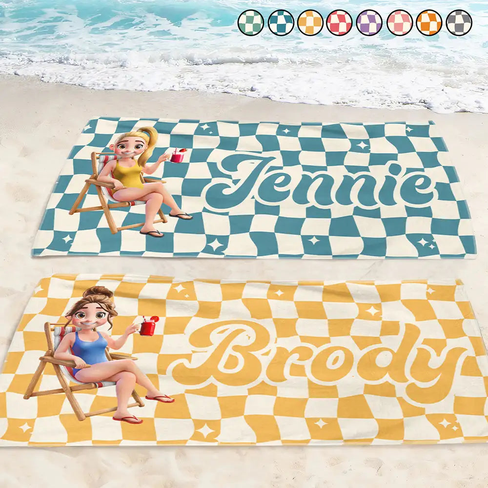 Retro Checker Just A Girl Who Loves Beach - Personalized Beach Towel
